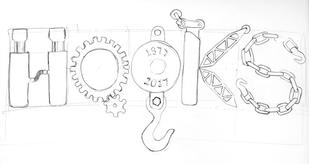 A drawing of the word "Hooks" composed of crane parts.